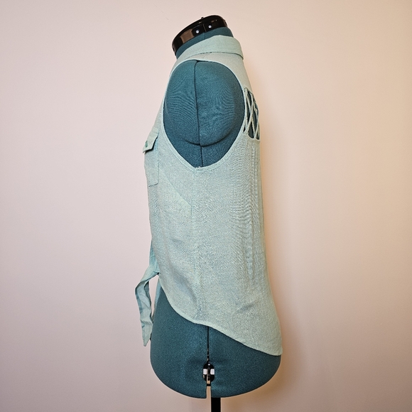 Mine teal sleeveless button down front tie fitted shirt top size S US - Picture 5 of 10